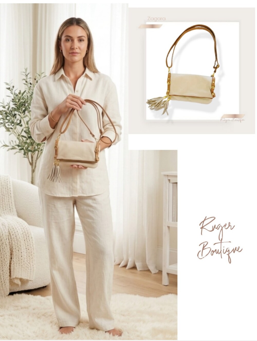 🌿Zagara Italian Leather Foldover Crossbody Bag Tassel Convertible Clutch Cream